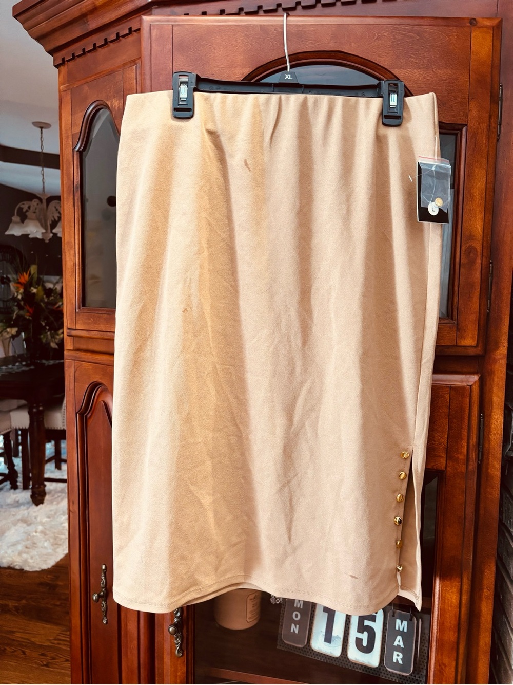 Tan Stretchy Pencil Skirt with Gold Buttons